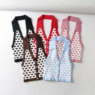 Collared Heart Print Button-up Knit Tank Top