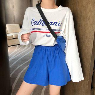 Lettering Long-sleeve T-shirt / Band-waist Wide-leg Shorts