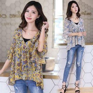 Ruffle Printed V-neck Chiffon Top With Camisole