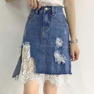 Lace Hem Distressed A-line Denim Skirt