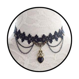 Heart Pendant Lace Choker Black - One Size