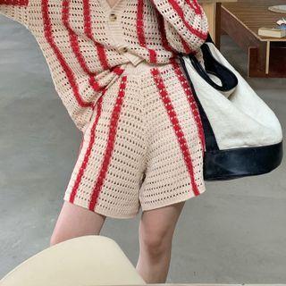 Striped Knit Shorts 7732 - Red & Almond - One Size