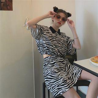 Set: Elbow-sleeve Cropped Zebra Print Polo Shirt + A-line Mini Skirt Set - Zebra - Black & White - One Size