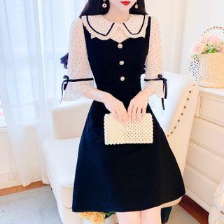 3/4-sleeve Two-tone A-line Dress