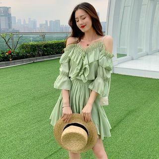 Set: 3/4-sleeve Ruffled Cold Shoulder Blouse + A-line Mini Skirt