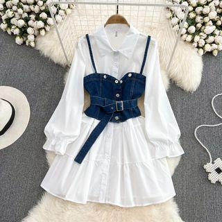 Inset Denim Camisole Long Sleeve Shirt Dress