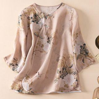 Long-sleeve Printed Frog Button Blouse