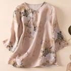 Long-sleeve Printed Frog Button Blouse