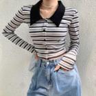 Long-sleeve Collared Striped Top Stripes - Black & Gray & White - One Size