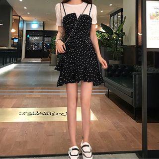 Short-sleeve Plain T-shirt + Dotted Chiffon Spaghetti Strap Dress