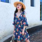 3/4-sleeve Cold Shoulder Floral A-line Mini Dress