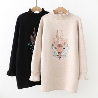 Mock Neck Deer Embroidered Sweater