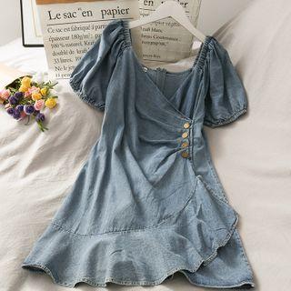 Ruffled-trim Denim Wrapped Mini Dress