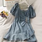 Ruffled-trim Denim Wrapped Mini Dress