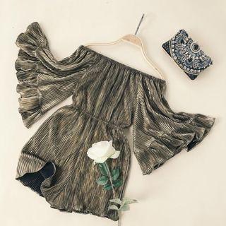 3/4-sleeve Off Shoulder Glittering Playsuit