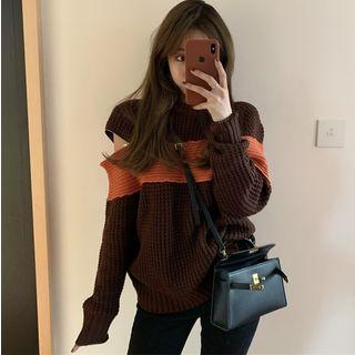Zipper-shoulder Colorblock Sweater