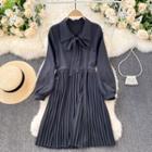 Long-sleeve Plain Pleated Midi Dress