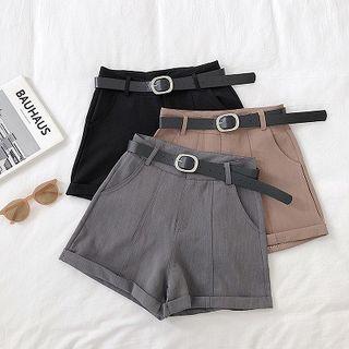 Roll-up Plain High-waist A-line Shorts With Belt