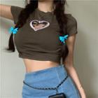 Short-sleeve Embroidered Cropped T-shirt Coffee Heart - Dark Gray - One Size