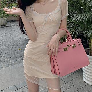 Set: Short-sleeve Mesh Bodycon Mini Dress + Slipdress
