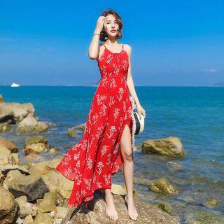 Floral Printed Strappy Lace-up Slit Sundress