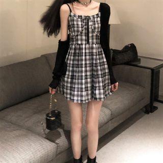 Long-sleeve Cardigan / Sleeveless Plaid Mini Dress