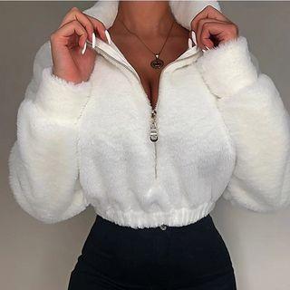 Long Sleeve Furry Zip-detail Crop Top
