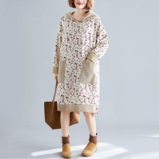 Floral Hoodie Dress Khaki - One Size