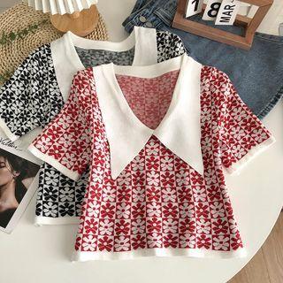Elbow-sleeve Collar Print Knit Top