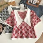 Elbow-sleeve Collar Print Knit Top