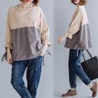 Tie-cuff Two-tone Blouse Khaki - One Size