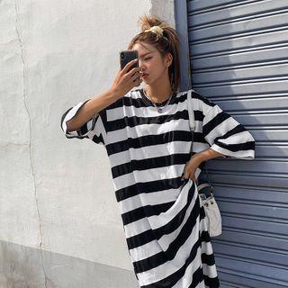 Slit-side Striped Long T-shirt Dress