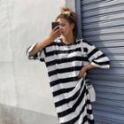 Slit-side Striped Long T-shirt Dress