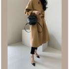 Wide-collar Wool Blend Long Coat With Sash Beige - One Size