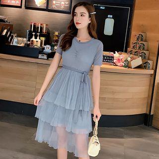 Short Sleeve Mesh Panel Layered Dress