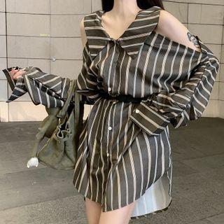 Long-sleeve Cold Shoulder Striped Mini Shirtdress / Belt