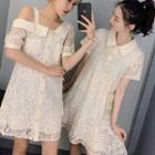 Short-sleeve Mini Lace Dress / Cold-shoulder Mini Lace Dress