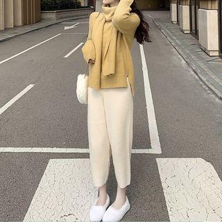 Set: Knit Long-sleeve Sweater + Wide-leg Pants + Scarf