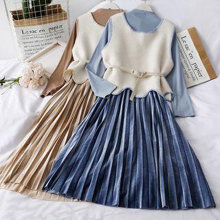 Set: Colorblock Pleated Velvet Dress + Knit Vest With Belt