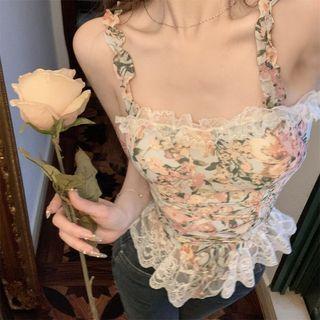 Lace Trim Floral Camisole Top Floral - Light Blue - One Size
