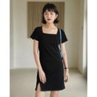 Square-neck Slit Mini Sheath Dress Black - One Size