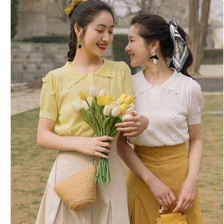 Set: Short-sleeve Floral Embroidered Knit Polo Shirt + Midi Skirt