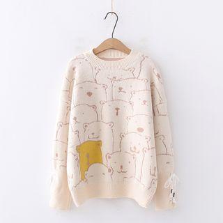 Bear Printed Lace-up Knitted Sweater