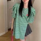 Elbow-sleeve Striped Oversized T-shirt Stripe - Black & Green - One Size