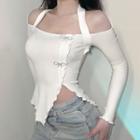 Long-sleeve Off-shoulder Bow-accent Fitted Top