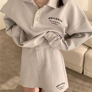 Letter Embroidered Collared Sweatshirt / Mini A-line Skirt