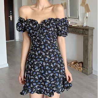 Off-shoulder Floral Print Frill Trim Mini Sheath Dress