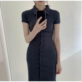 Collared Short-sleeve Button-up Mini Bodycon Dress