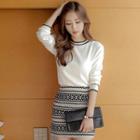 Set: Contrast Trim Knit Top + Mini Patterned Sheath Skirt