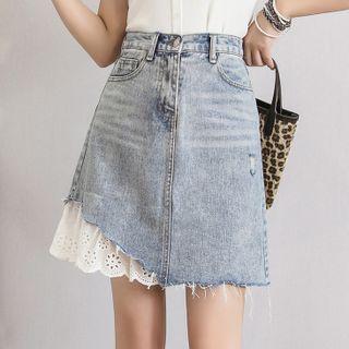 Lace Flower Trim Panel Denim Skirt